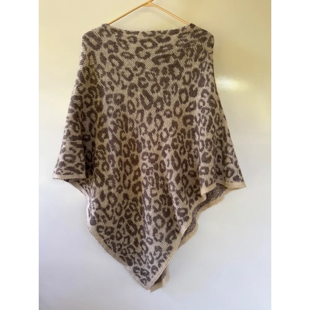 Nardi & Tagliaferri Italy Mohair Wool Leopard Print Knit Poncho Tan Brown OSFA